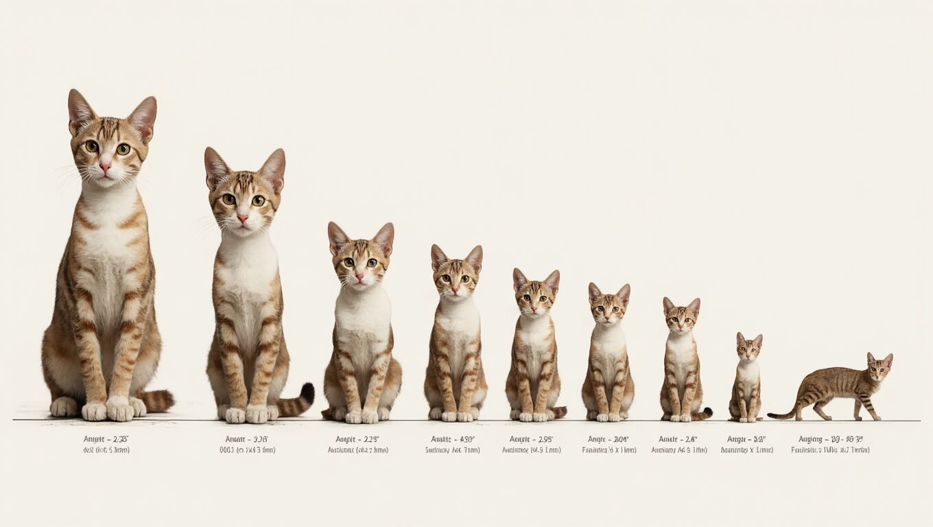 Illustrated comparison of Abyssinian cat size, weight ranges, and physical dimensions by gender.