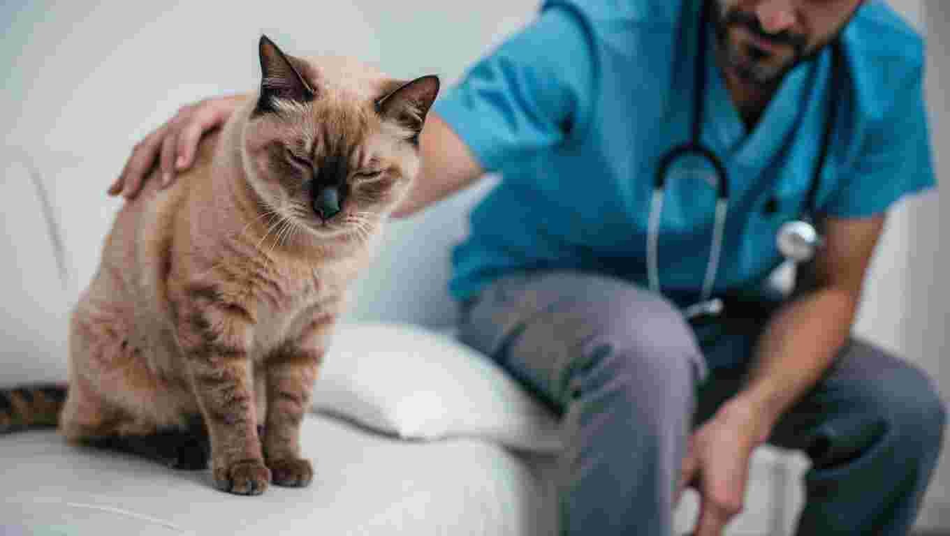 A sad-looking cat sits next to a veterinarian.
