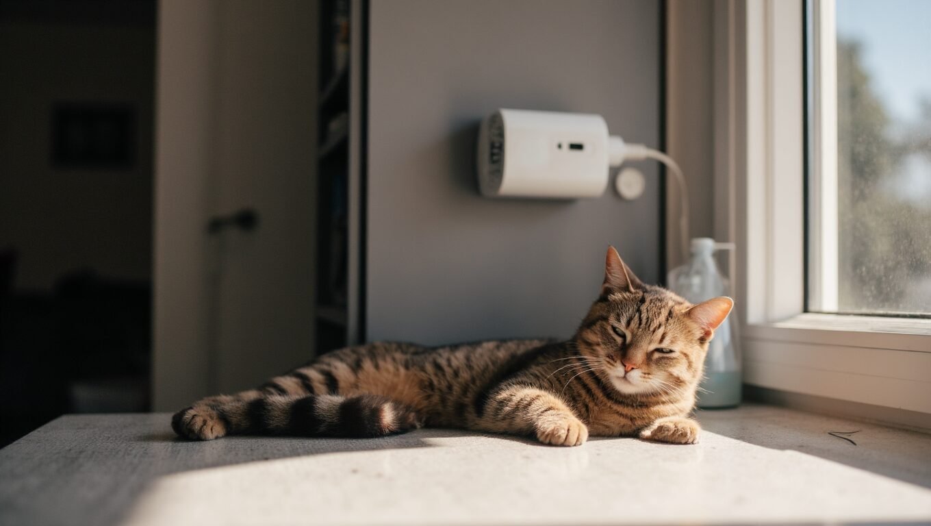A cat safely resting in a room using a non-toxic, plug-in air freshener.