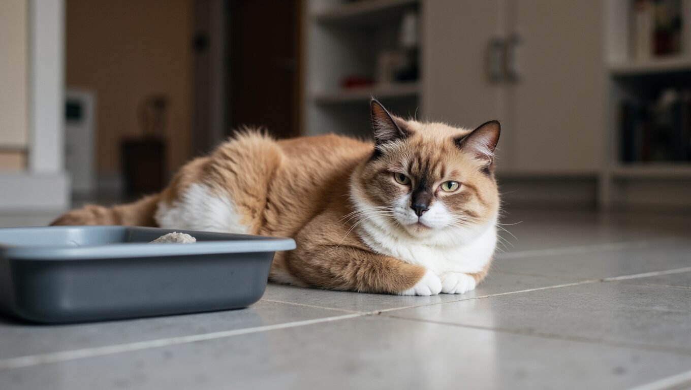 An elderly cat with urinary issues resting beside a litter tray, illustrating difficult end-of-life care decisions.