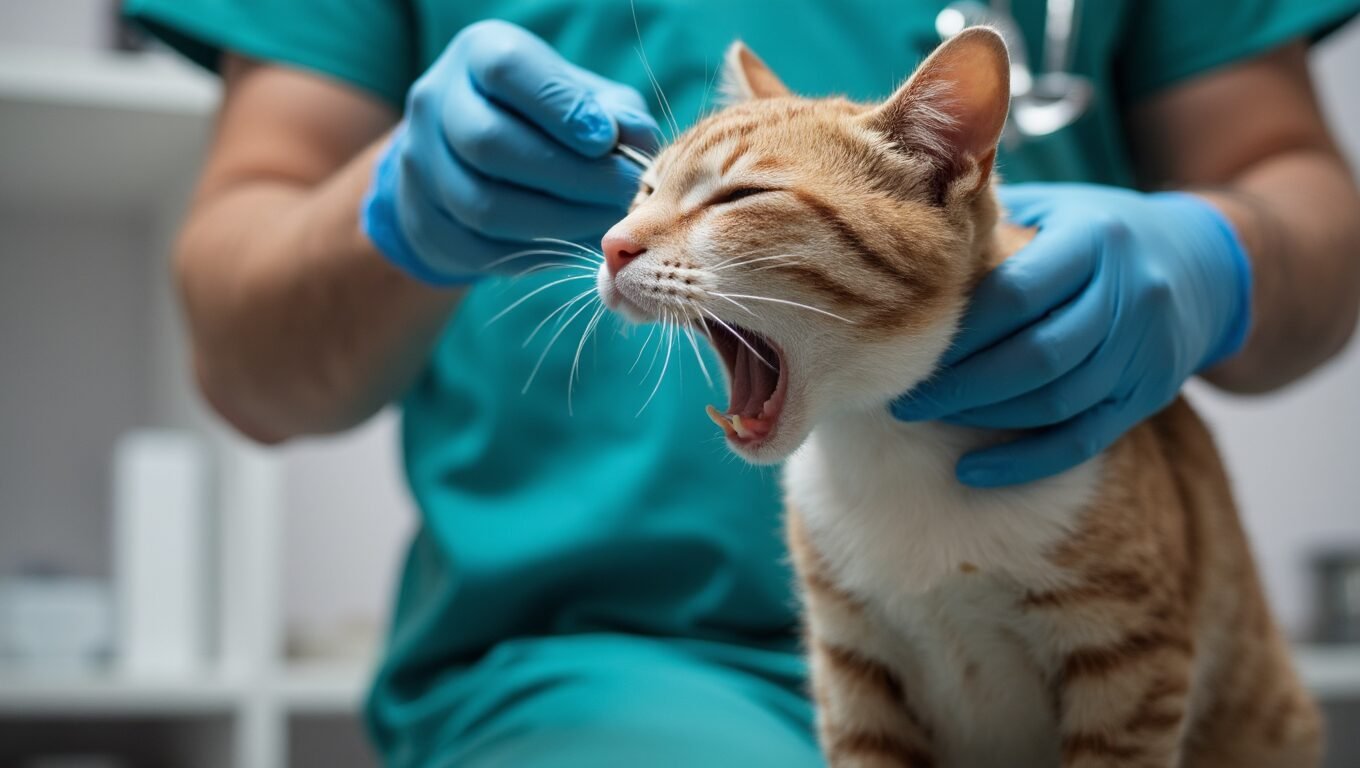 A vet administering a homeopathic remedy to a cat displaying mild cat flu symptoms.
