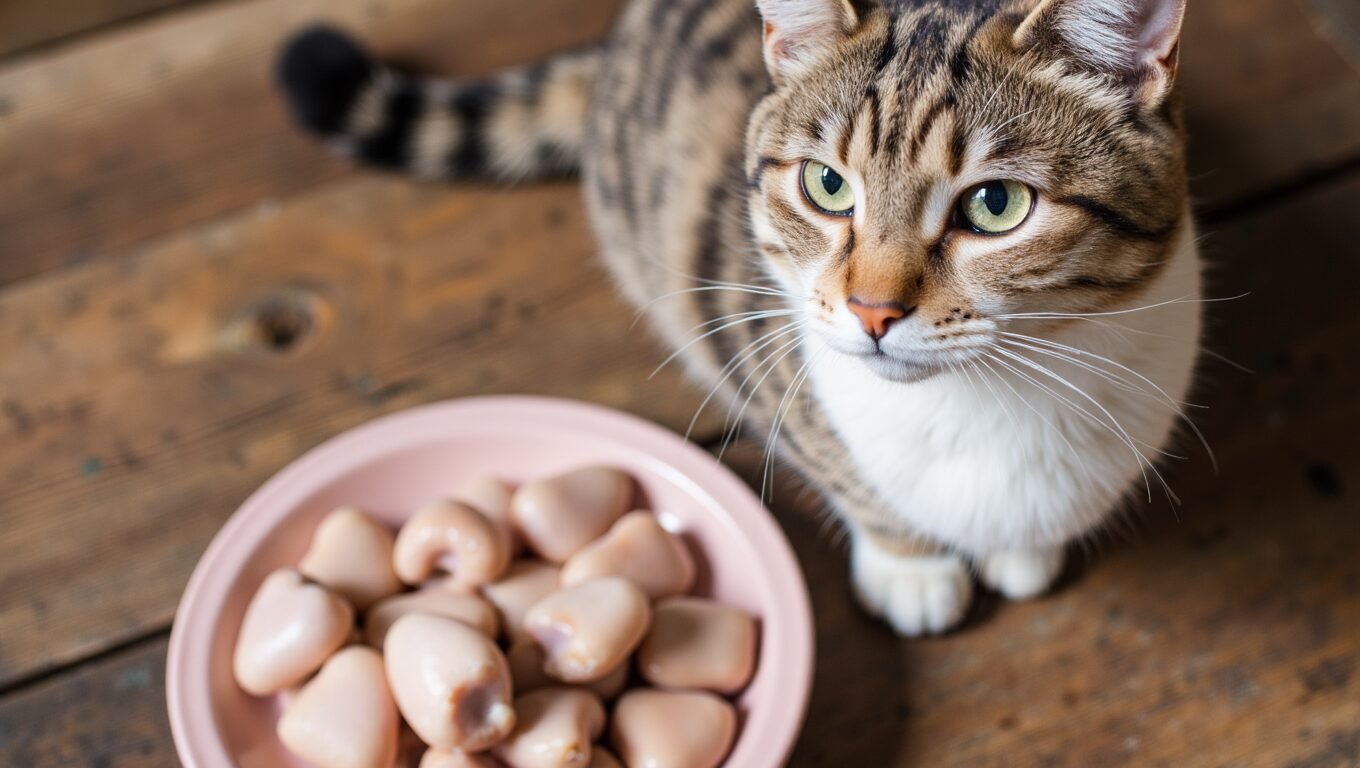 Fresh chicken hearts for cats, a rich source of taurine and protein for feline health.