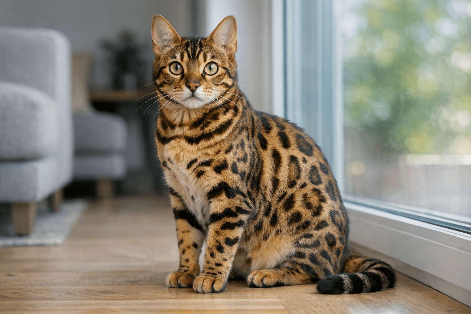 Bengal cat domestic cat with spotted coat indoors