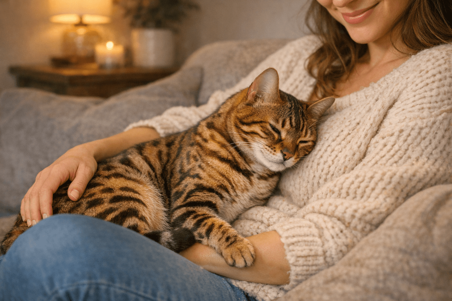 Bengal cat cuddling beside owner on sofa