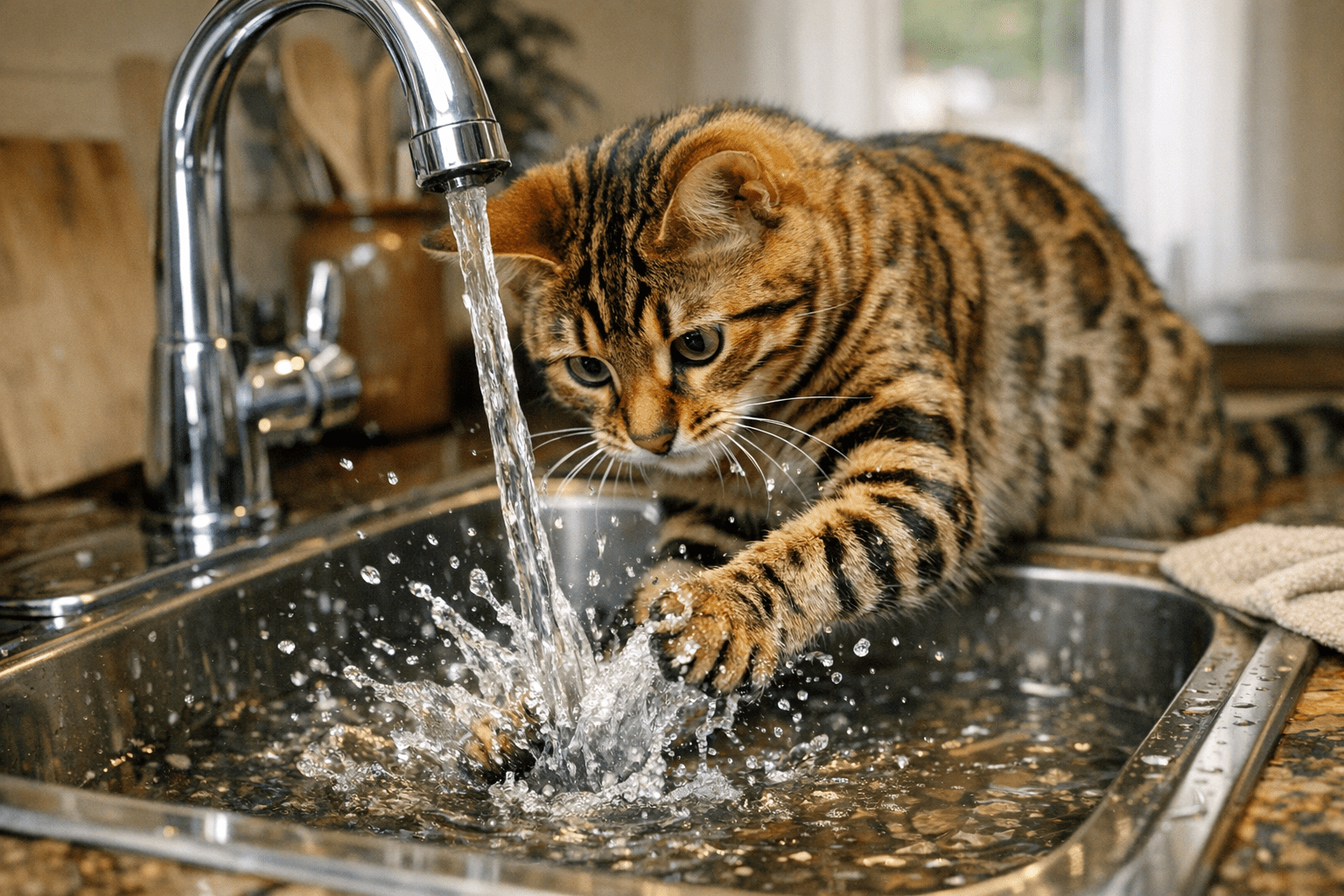 Bengal cat playing with water in sink