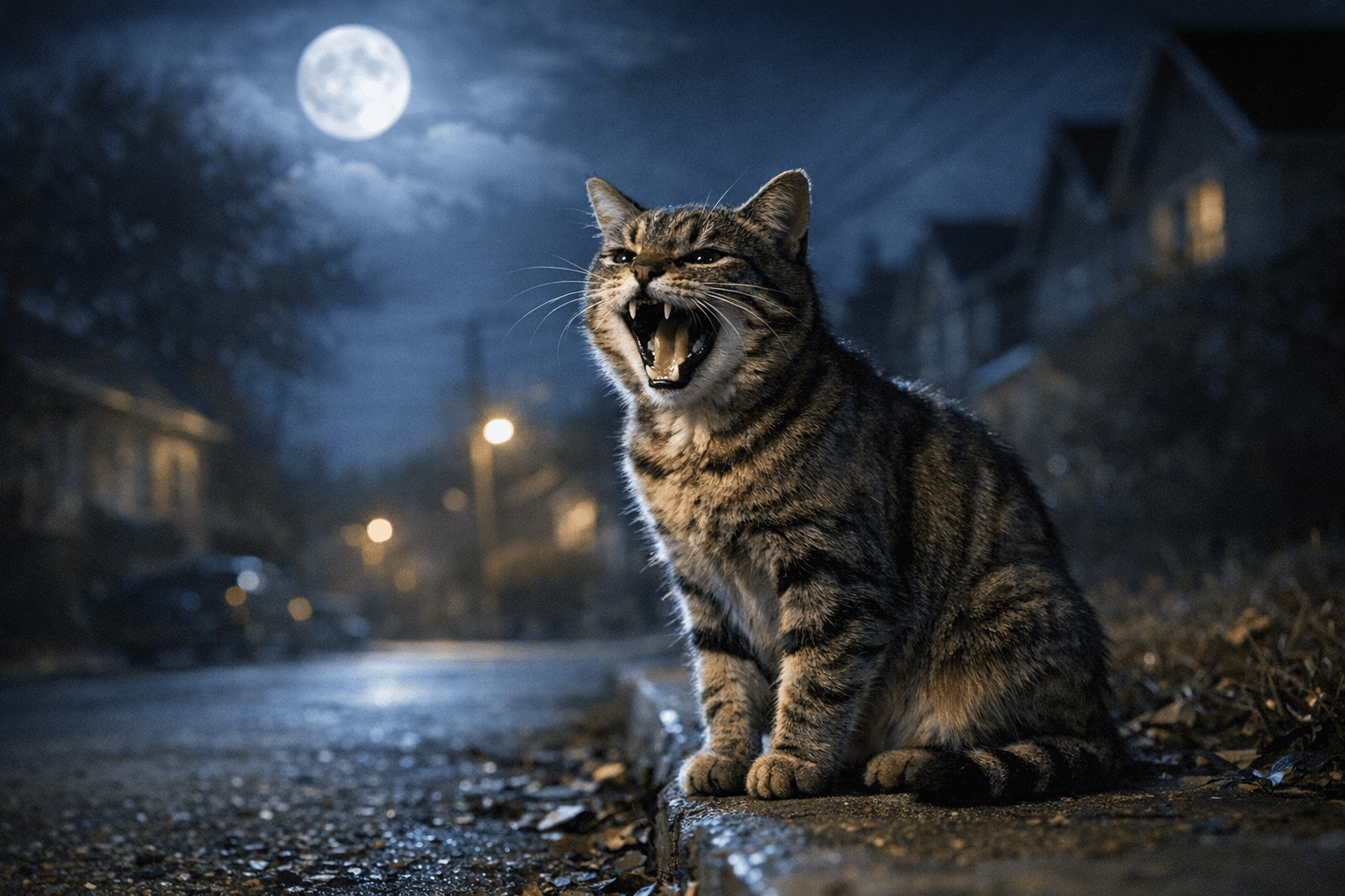 Cat yowling loudly at night under moonlight