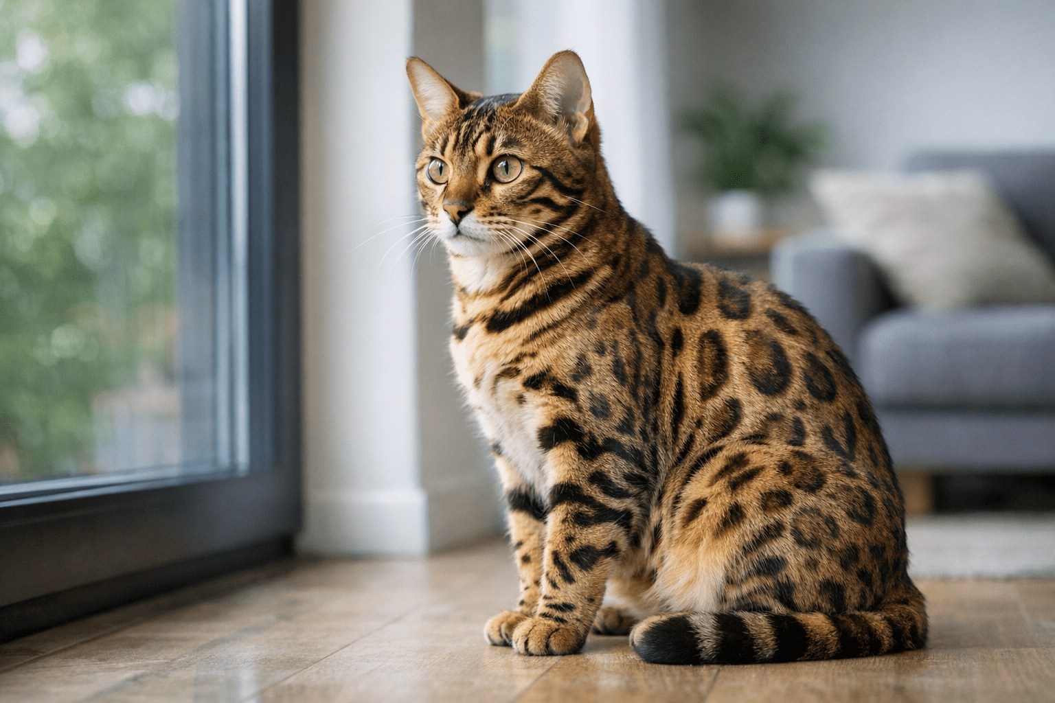 Bengal cat with wild spotted coat indoors
