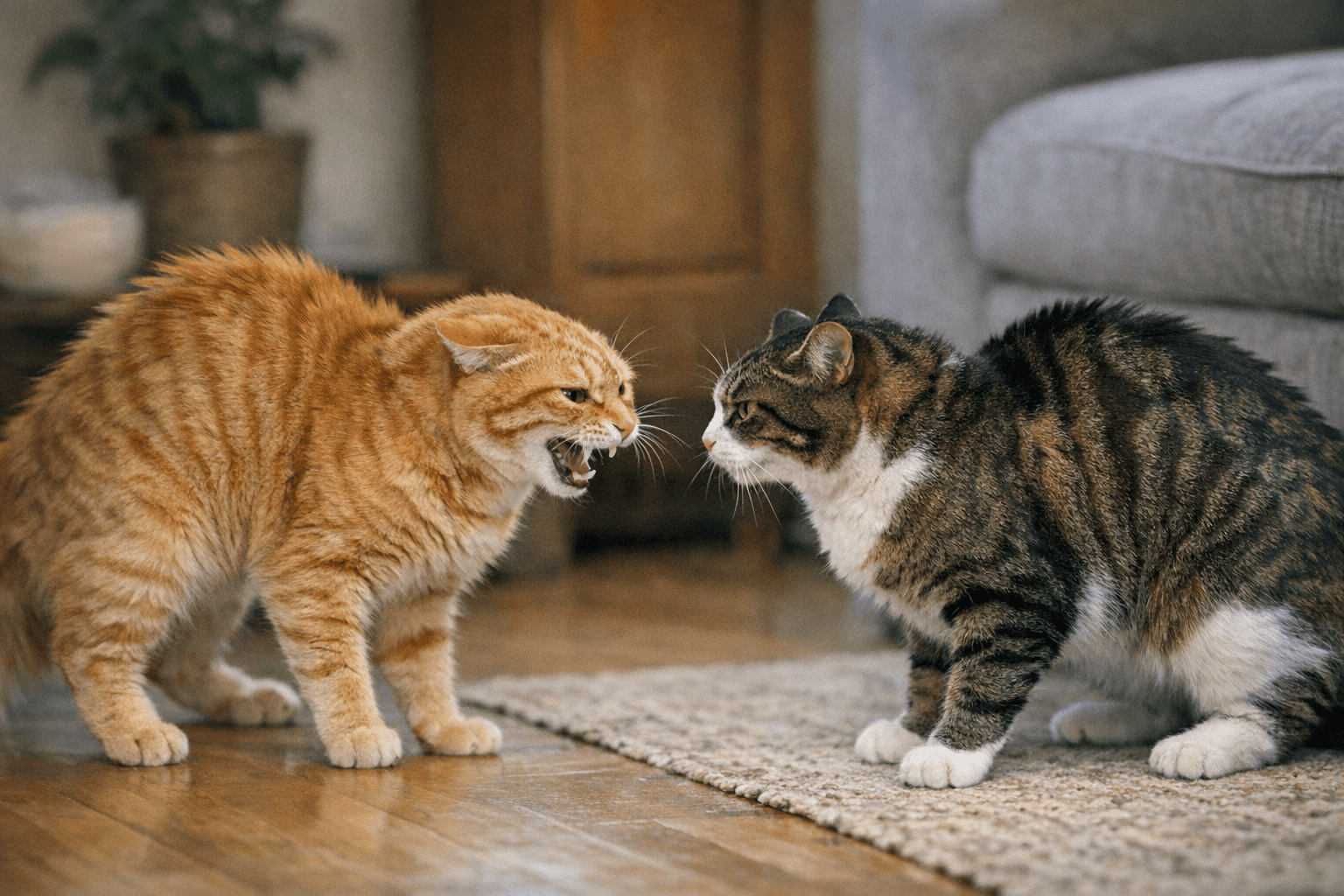Two cats hissing at each other indoors