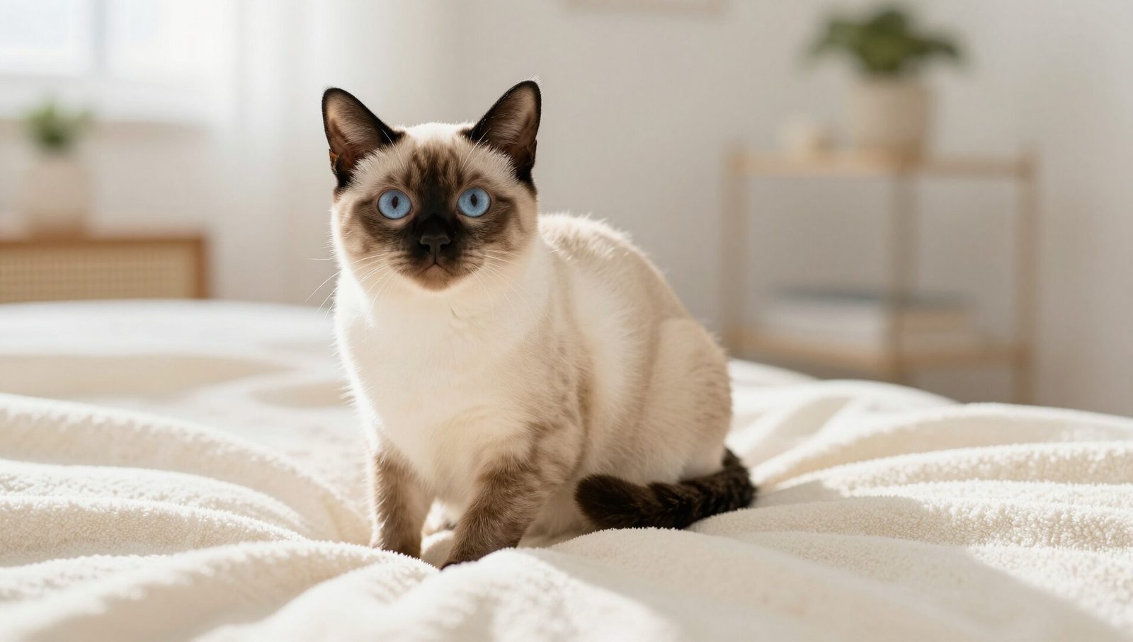 Adorable round-faced kitten from an applehead siamese cattery with deep blue eyes resting on a soft blanket