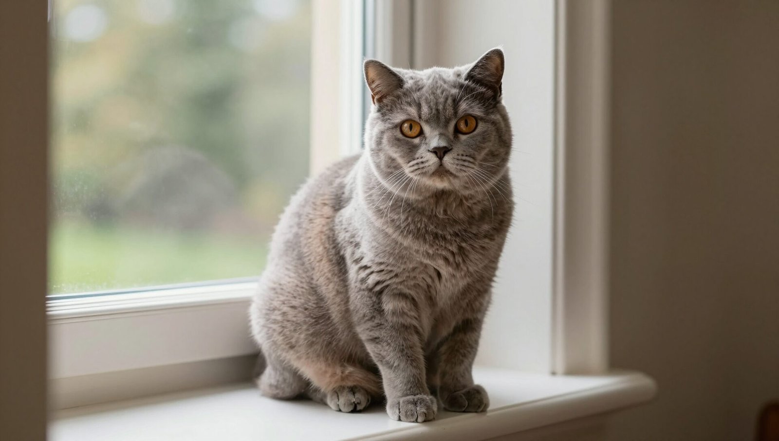 Are British Shorthair cats cuddly? A grey British Shorthair sitting on a windowsill in a UK home.