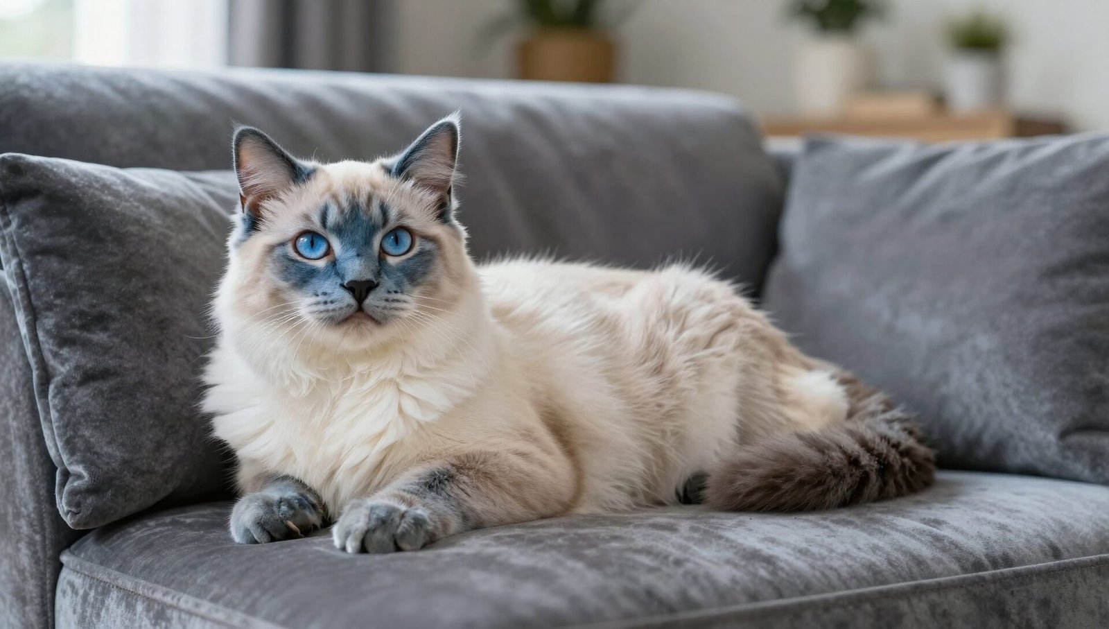 A blue lynx colorpoint ragdoll cat with vivid blue eyes resting on a sofa.