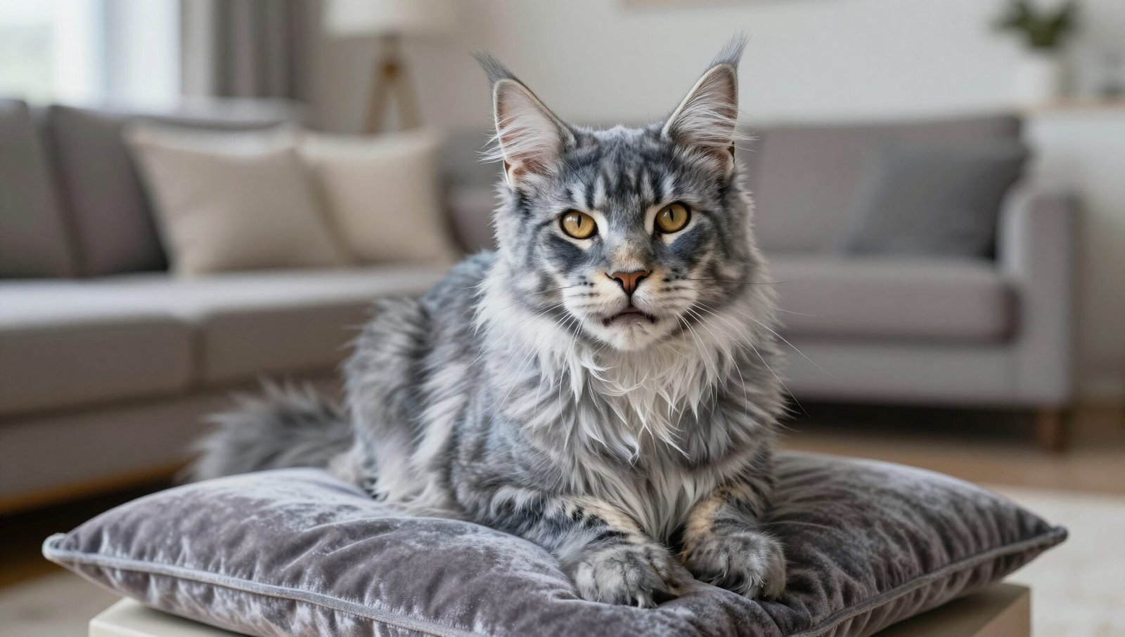 A majestic blue smoke maine coon cat sitting on a velvet cushion.