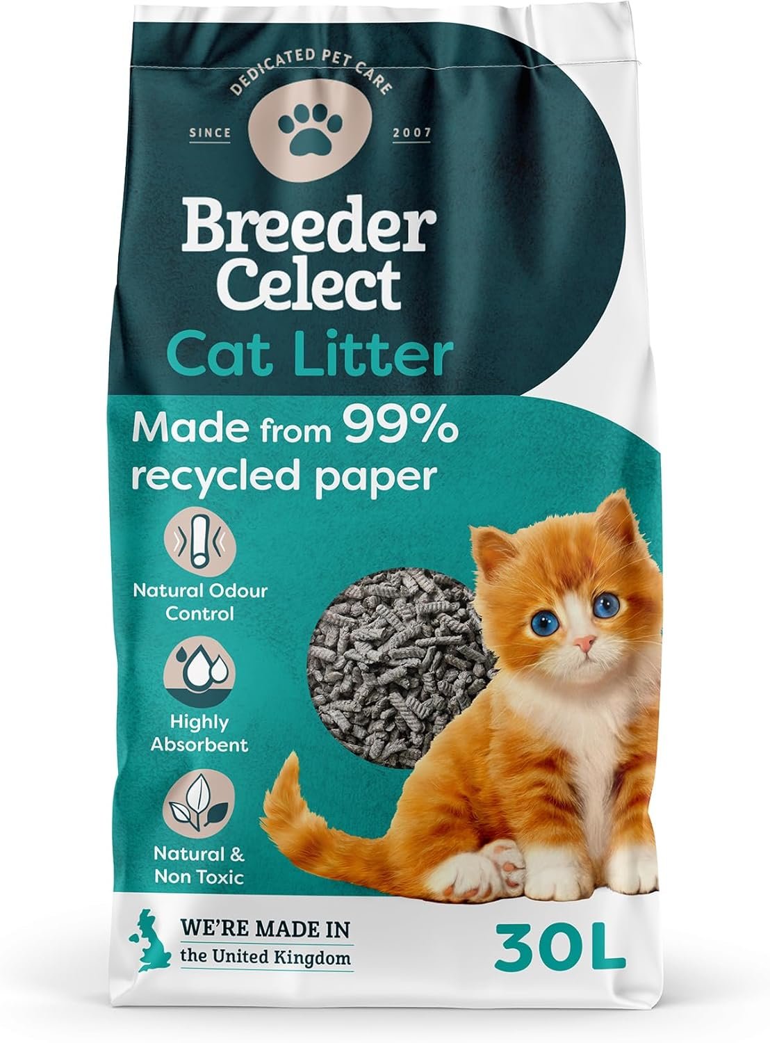 Breeder Celect All-Natural Cat Litter pellets in a clean litter box with a tabby cat nearby.