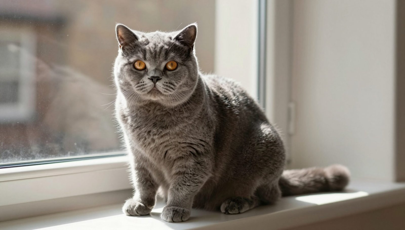 British Shorthair cats with iconic blue-grey coat sitting in a sunlit window
