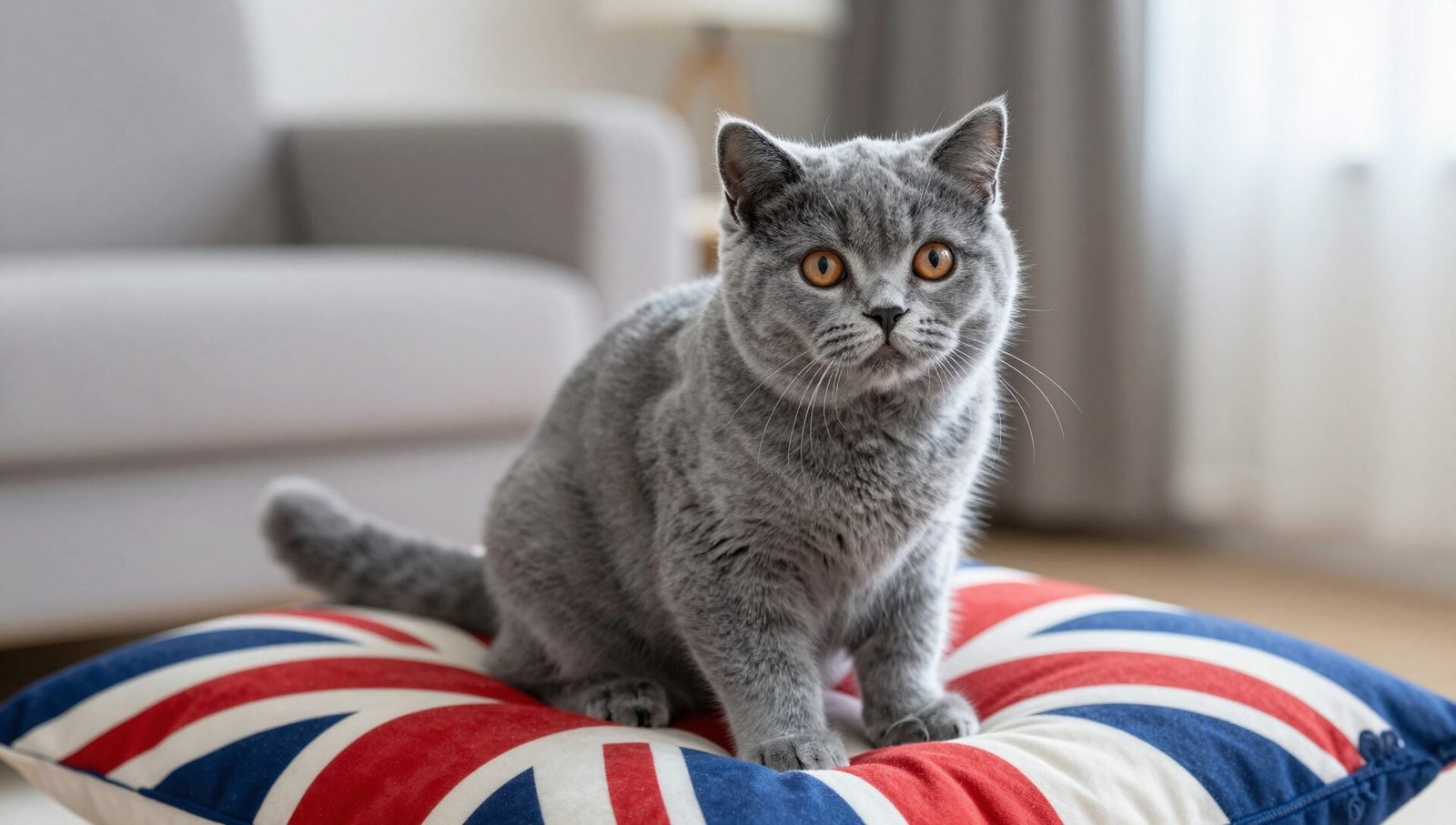 Adorable British Shorthair kitten for sale in the UK resting on a Union Jack cushion.