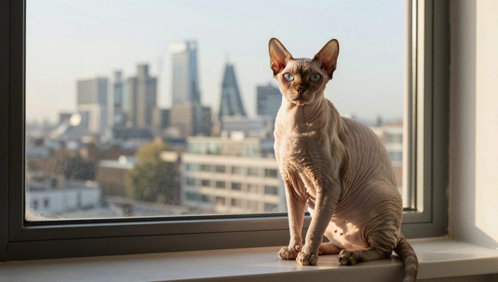 Buy a Sphynx cat in London — cream Sphynx kitten on windowsill