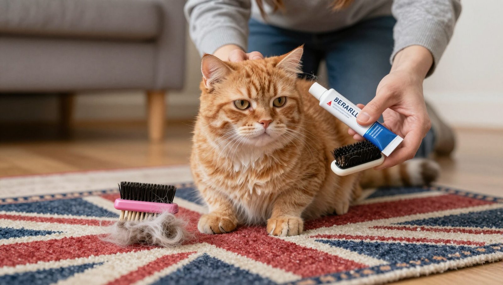 Owner grooming a cat to prevent cat hairballs.