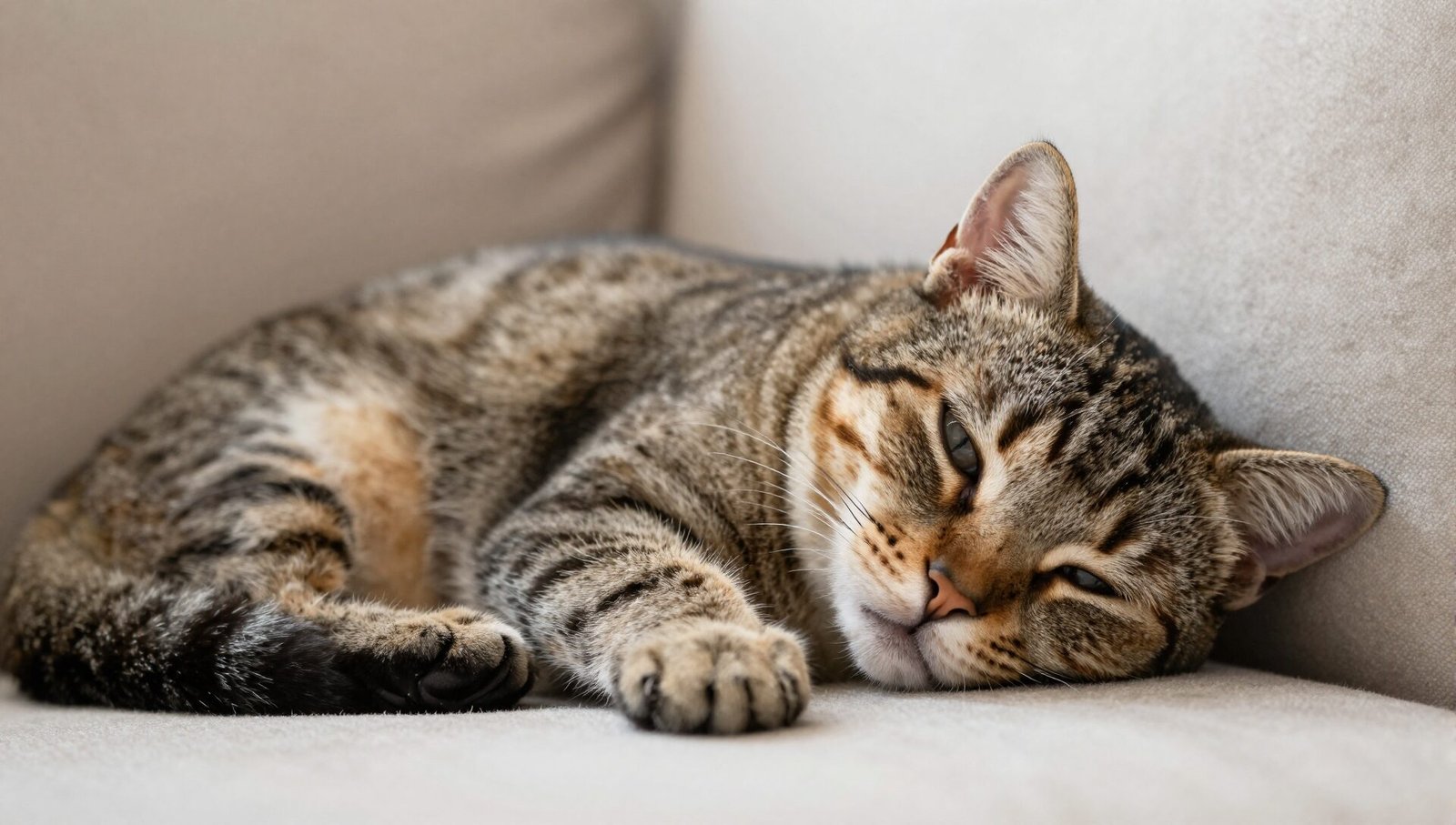 A tabby cat experiencing cat snoring while asleep on a sofa.