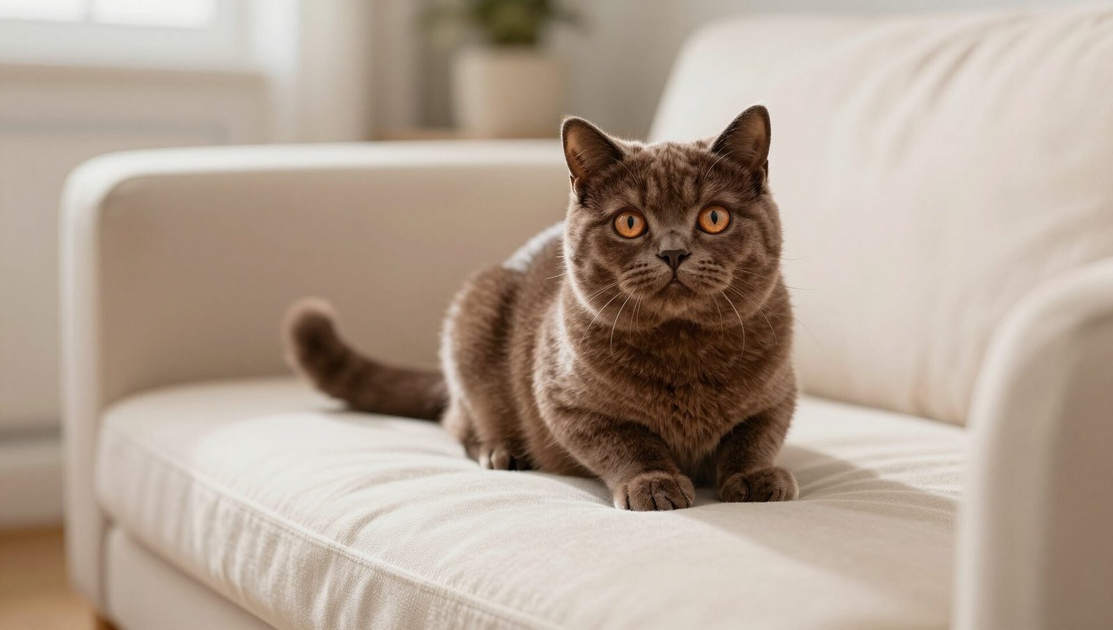 Adorable chocolate british shorthair kitten with copper eyes resting on a sofa