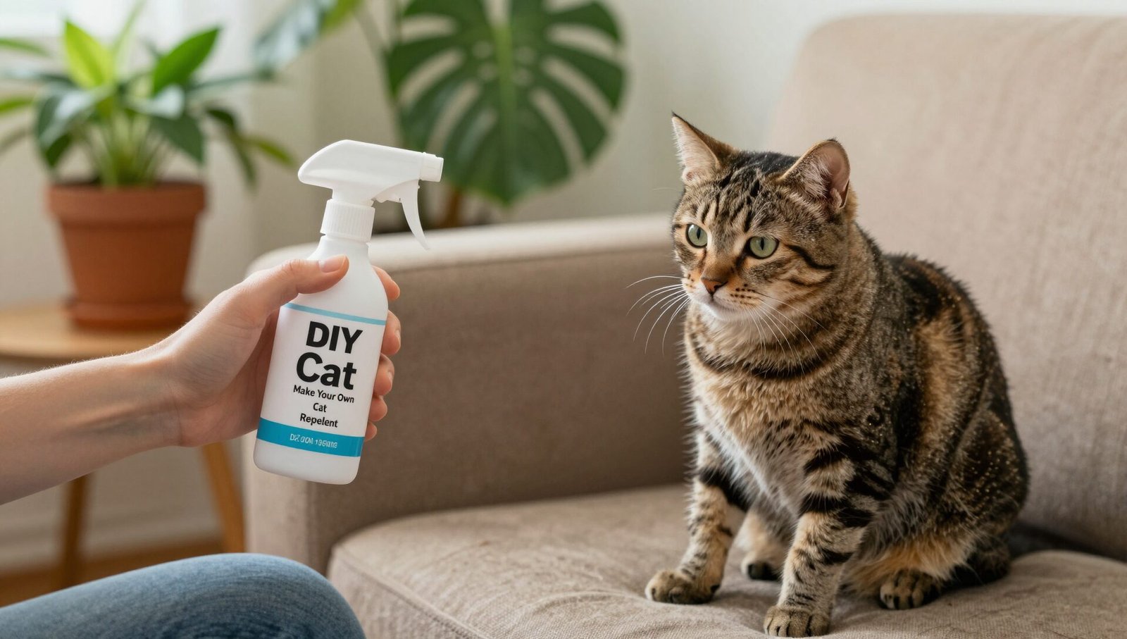 DIY Make Your Own Cat Repellent Spray ingredients including spray bottle, vinegar, lemon, and rosemary on a kitchen counter.