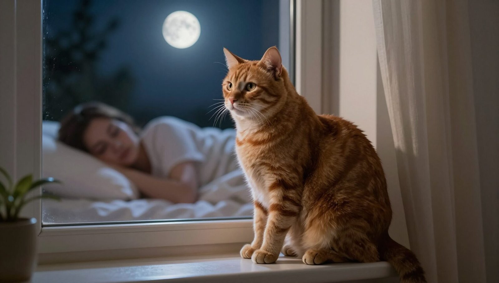 A vigilant cat watching over its owner at night, illustrating do cats protect you while you sleep