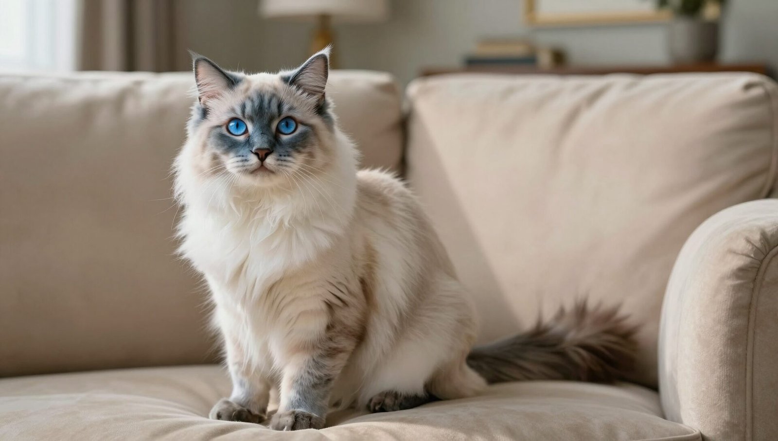 A Blue Lynx Bicolor Ragdoll cat on a sofa, answering the question: Do Ragdoll Cats Cause Allergies?