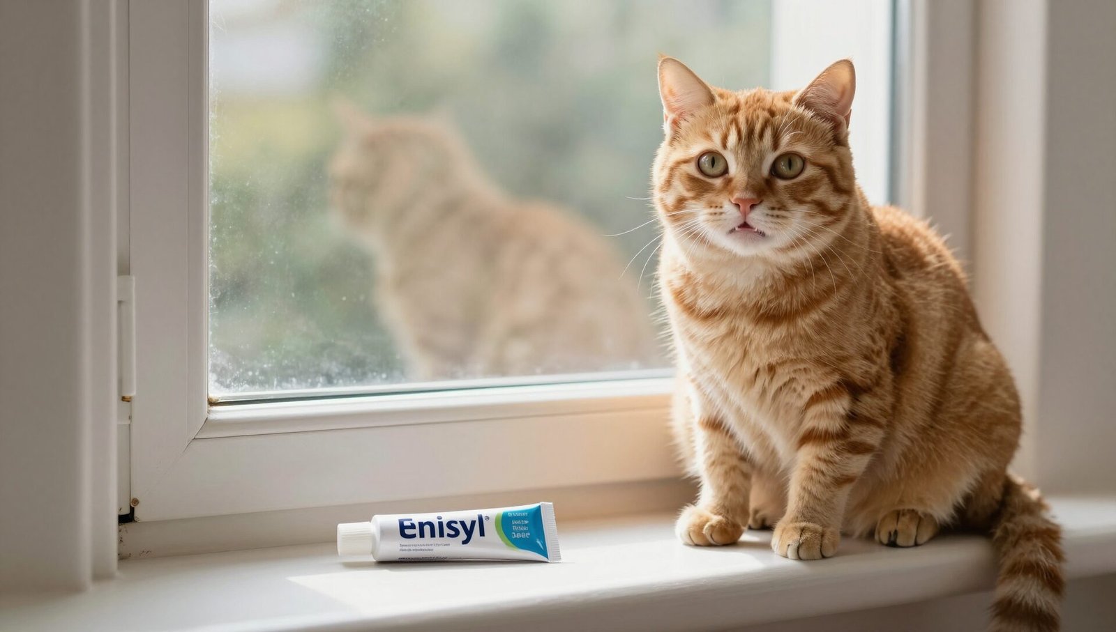 A healthy ginger tabby cat beside a tube of enisyl-f oral paste for cats on a sunny windowsill
