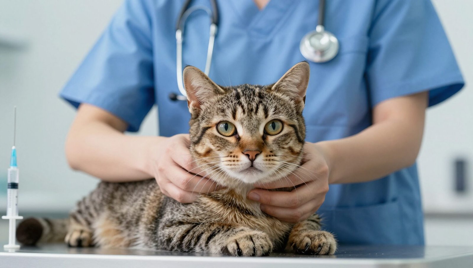 A veterinarian holding a tabby cat during a routine Cat Vaccinations appointment.
