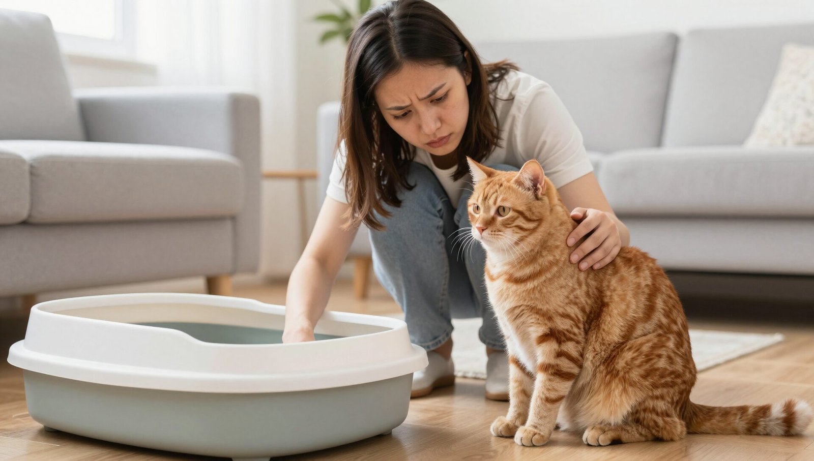 Owner checking a ginger cat for signs of Feline Lower Urinary Tract Disease.