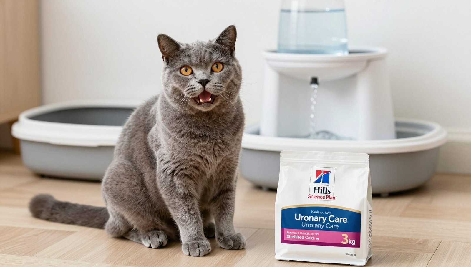 A healthy sterilised cat next to a bowl of Hill's Science Plan Feline Adult Urinary Care Sterilised Cat 3kg.
