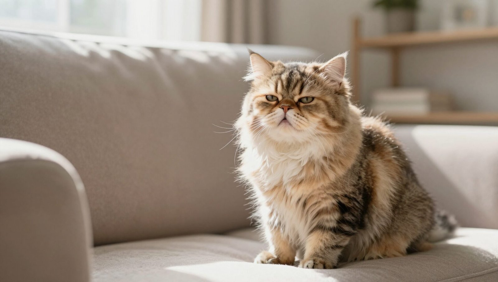 A persian cat slowly blinking at its owner on a sofa, showing how do cats say i love you
