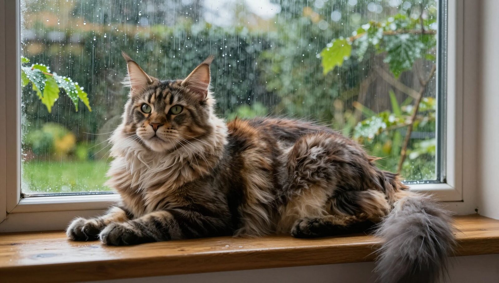 How long does a maine coon live - a healthy Maine Coon cat sitting on a windowsill