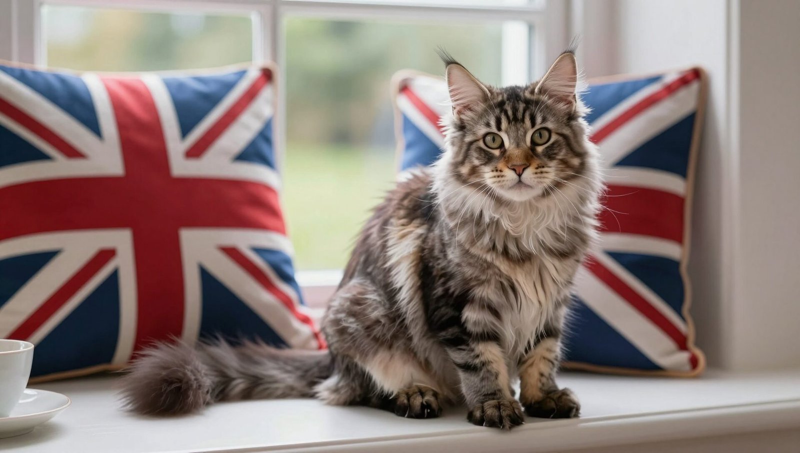 A fluffy Maine Coon kitten from Maine Coon Cat Breeders UK looking out a window.