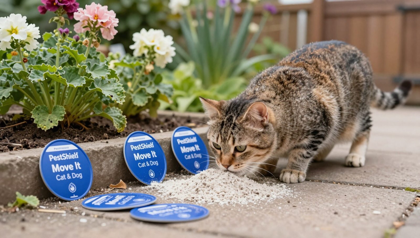 PestShield Move It Cat & Dog Garden Repellent scattered in a UK garden border to deter cats.