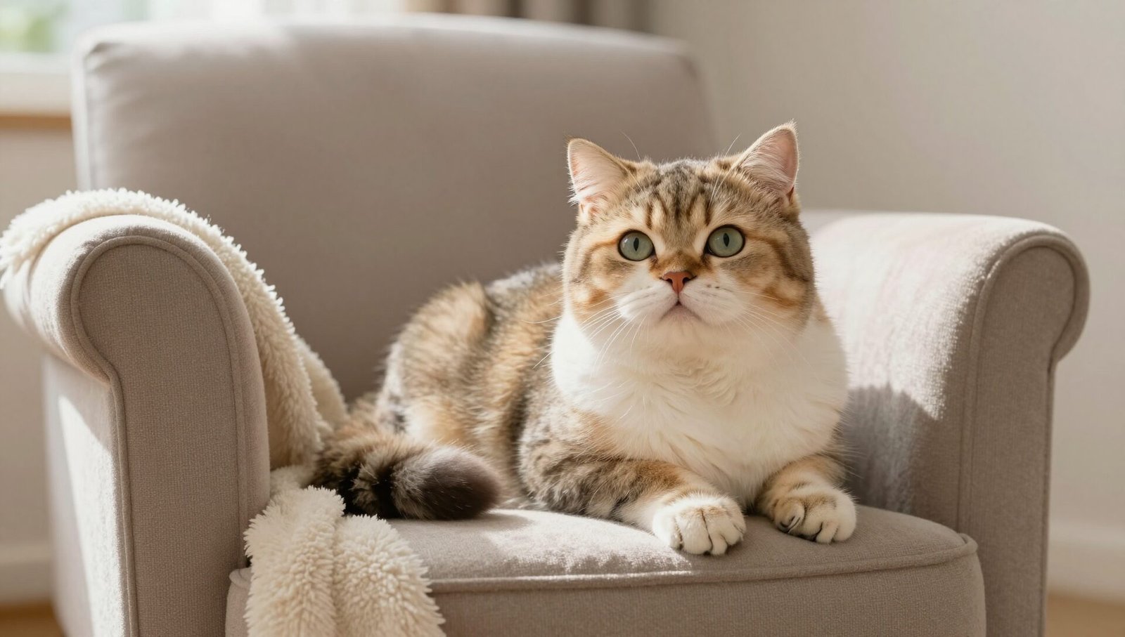 A relaxed RagaMuffin Cat sitting on a cosy armchair in a UK living room