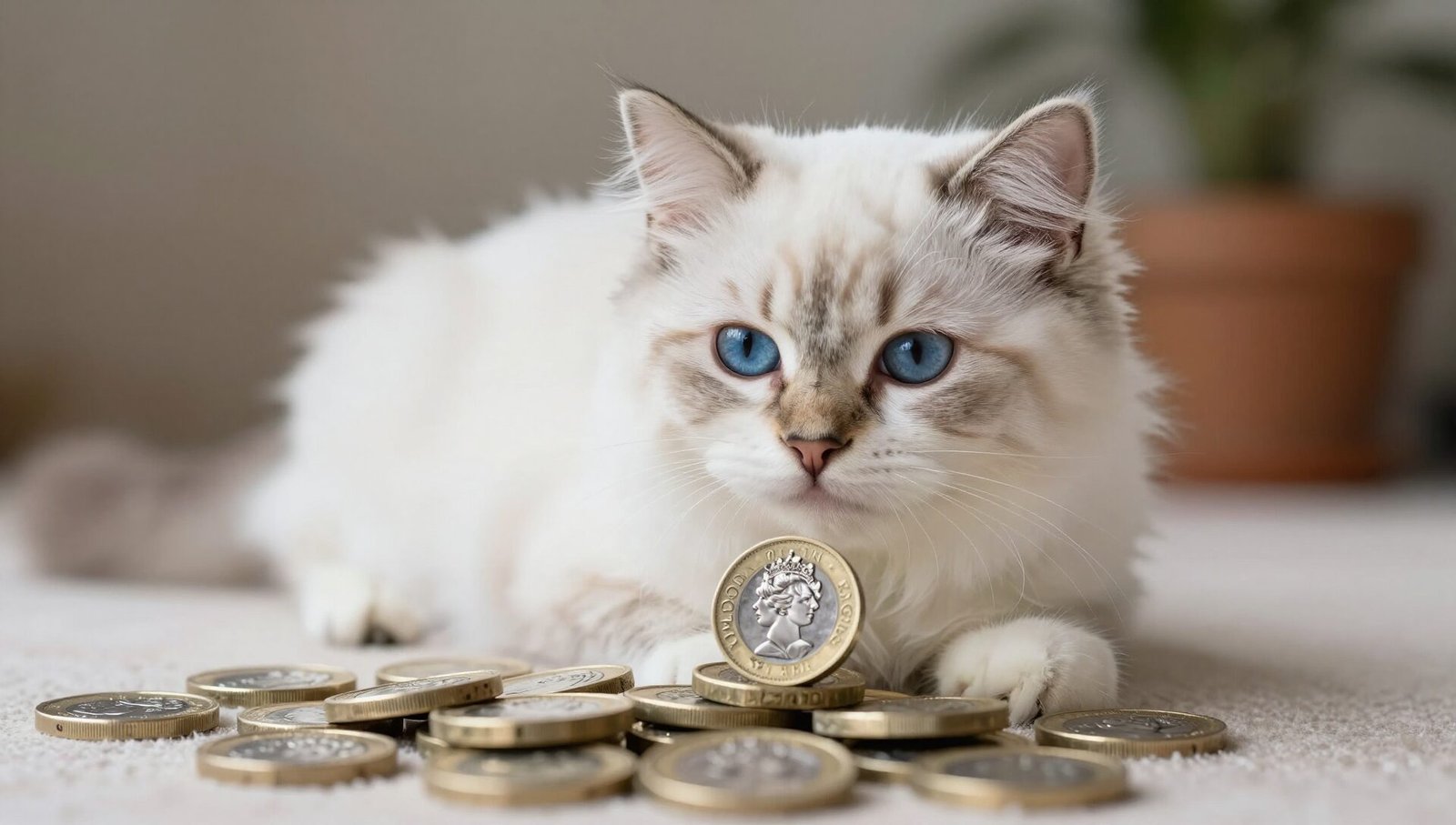 A Ragamuffin kitten next to coins, symbolising the ragamuffin kitten price.