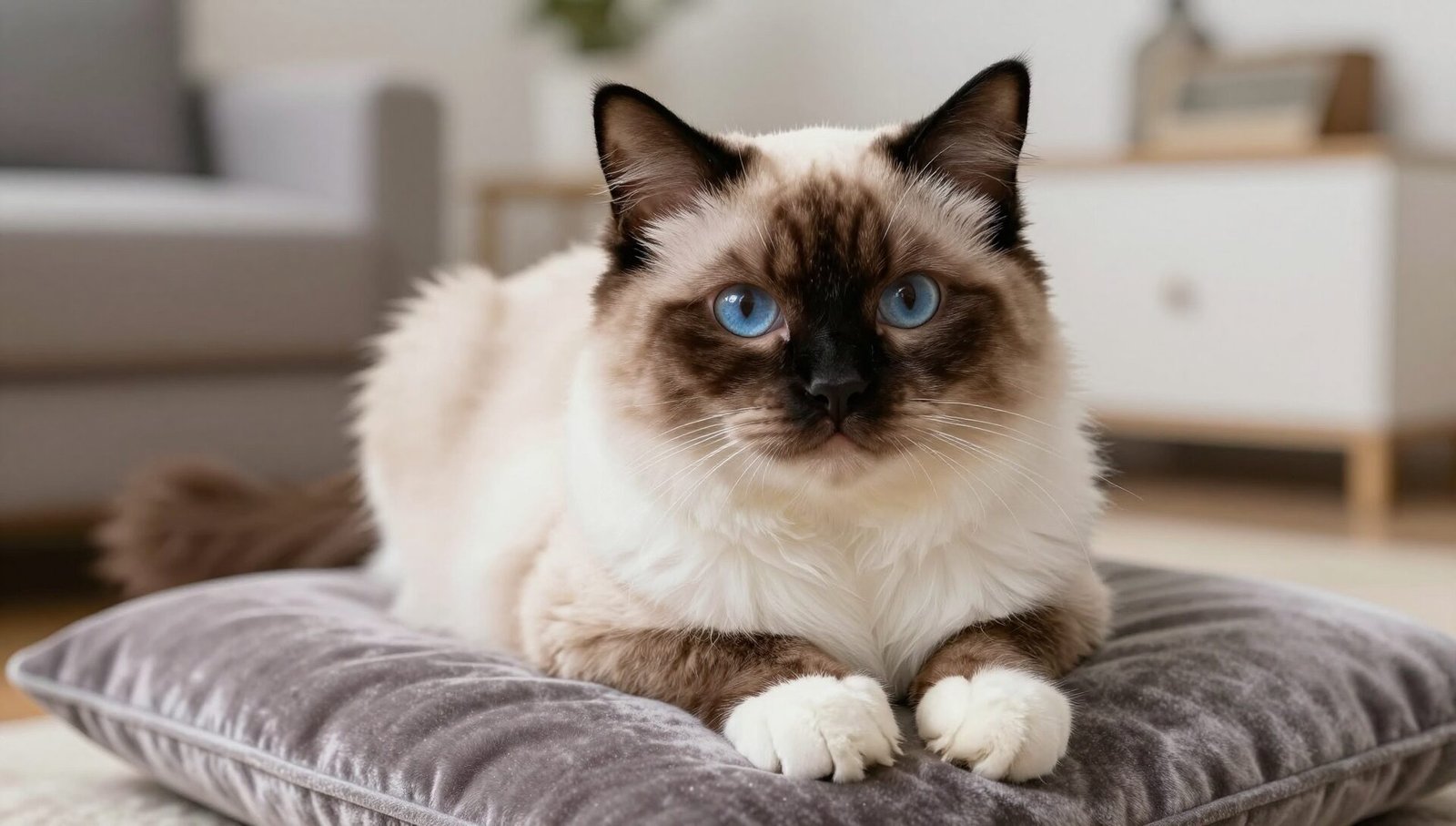 A Ragdoll cat seal point mitted with deep blue eyes relaxing on a cushion.