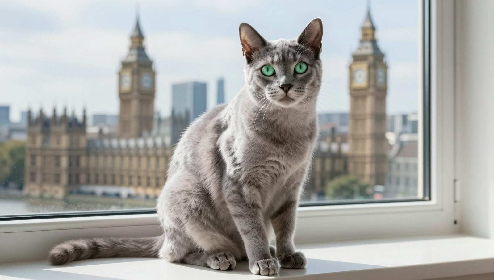 A Russian Blue cat looking out over London, ideal for those seeking a Russian Blue for sale London.