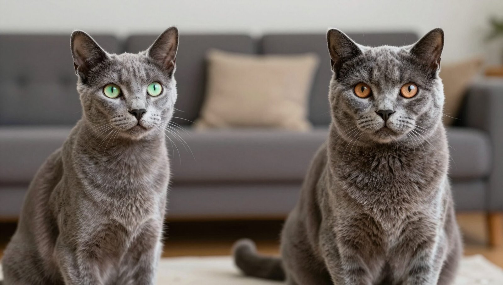 Russian Blue vs British Blue cat sitting side-by-side