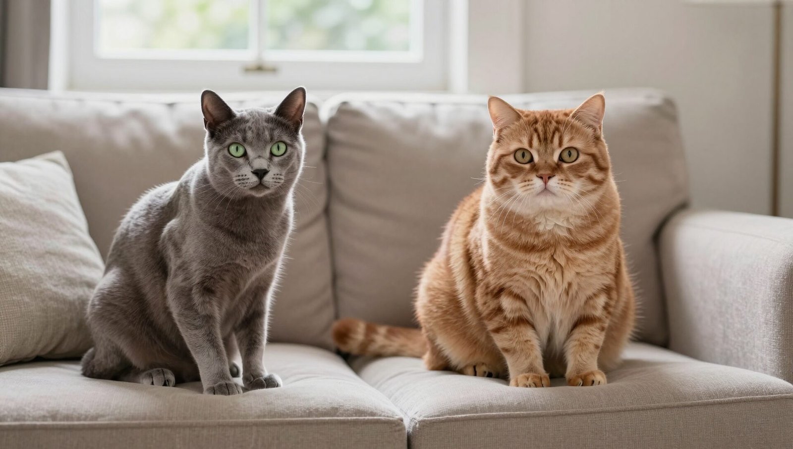 Russian Blue vs British Shorthair sitting side by side on a sofa, comparing body type and eye colour
