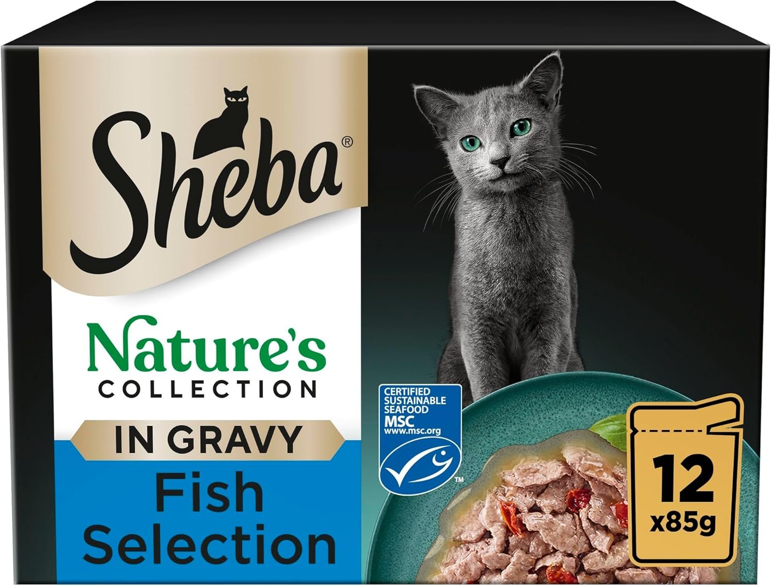 A ginger cat enjoying a meal of SHEBA Natures Collection Cat Pouches Fish Collection in Gravy.
