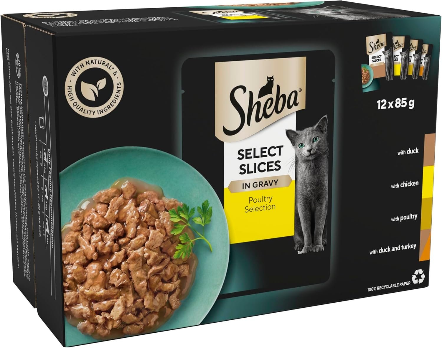 A happy cat owner feeding their tabby cat Sheba Select Slices in Gravy – Poultry Selection from a pouch.