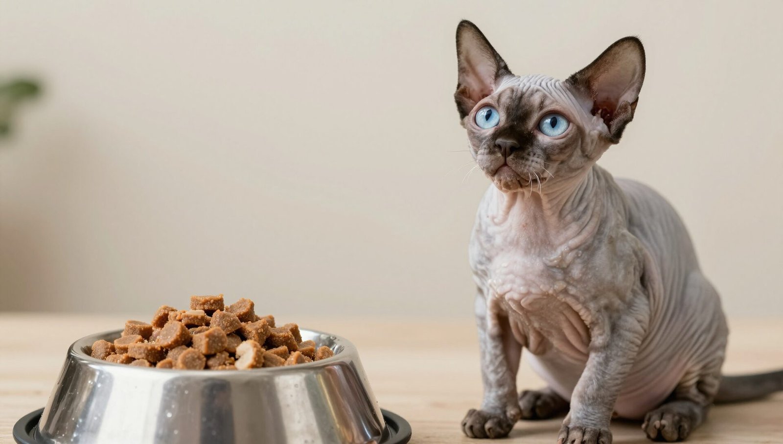 A Sphynx kitten enjoying a bowl of premium sphynx kitten food.