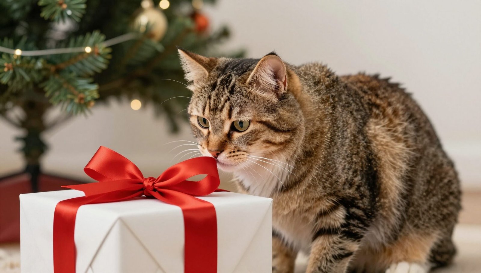 A cat wearing a bow tie sitting next to Christmas presents for cats.