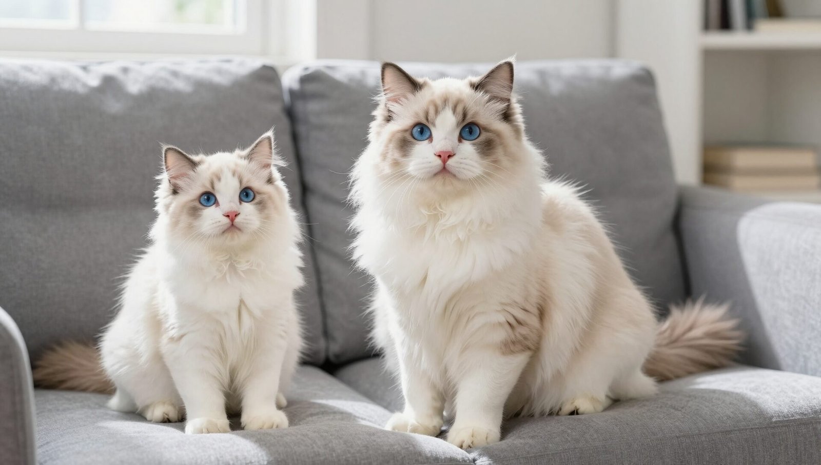 When do Ragdoll cats stop growing — Ragdoll kitten beside adult Ragdoll comparison