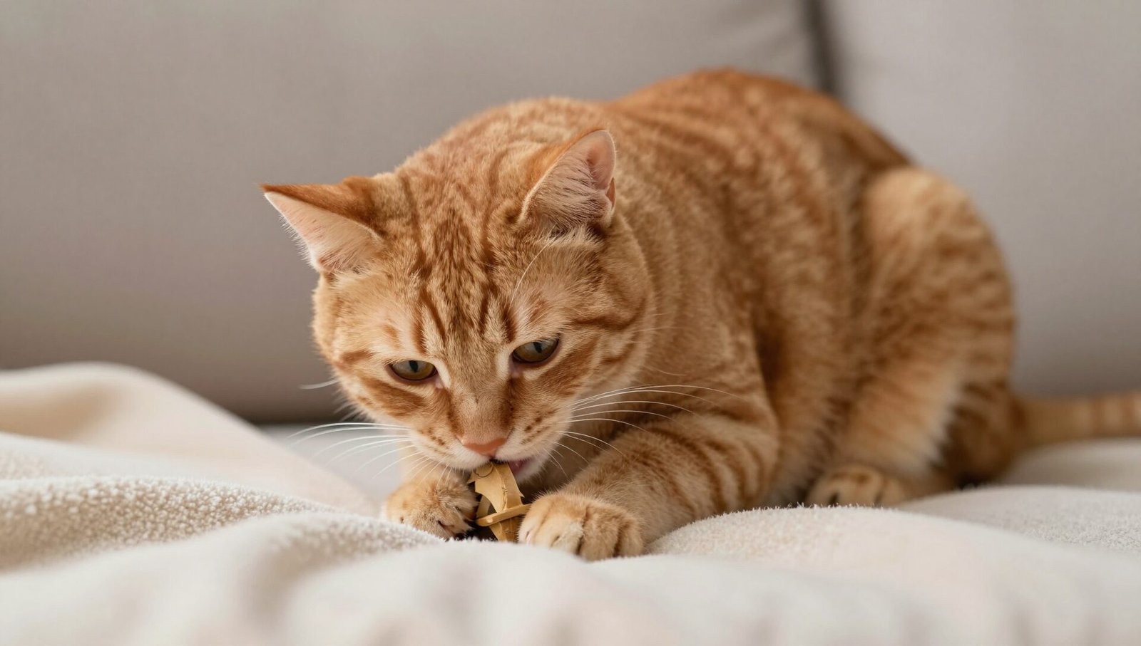 A ginger cat gently kneading a soft blanket, showing why cats knead.