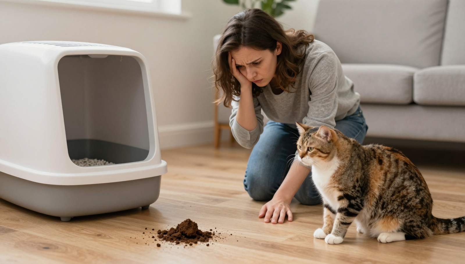 Why is my cat pooping on the floor - cat owner watching cat poop outside litter box