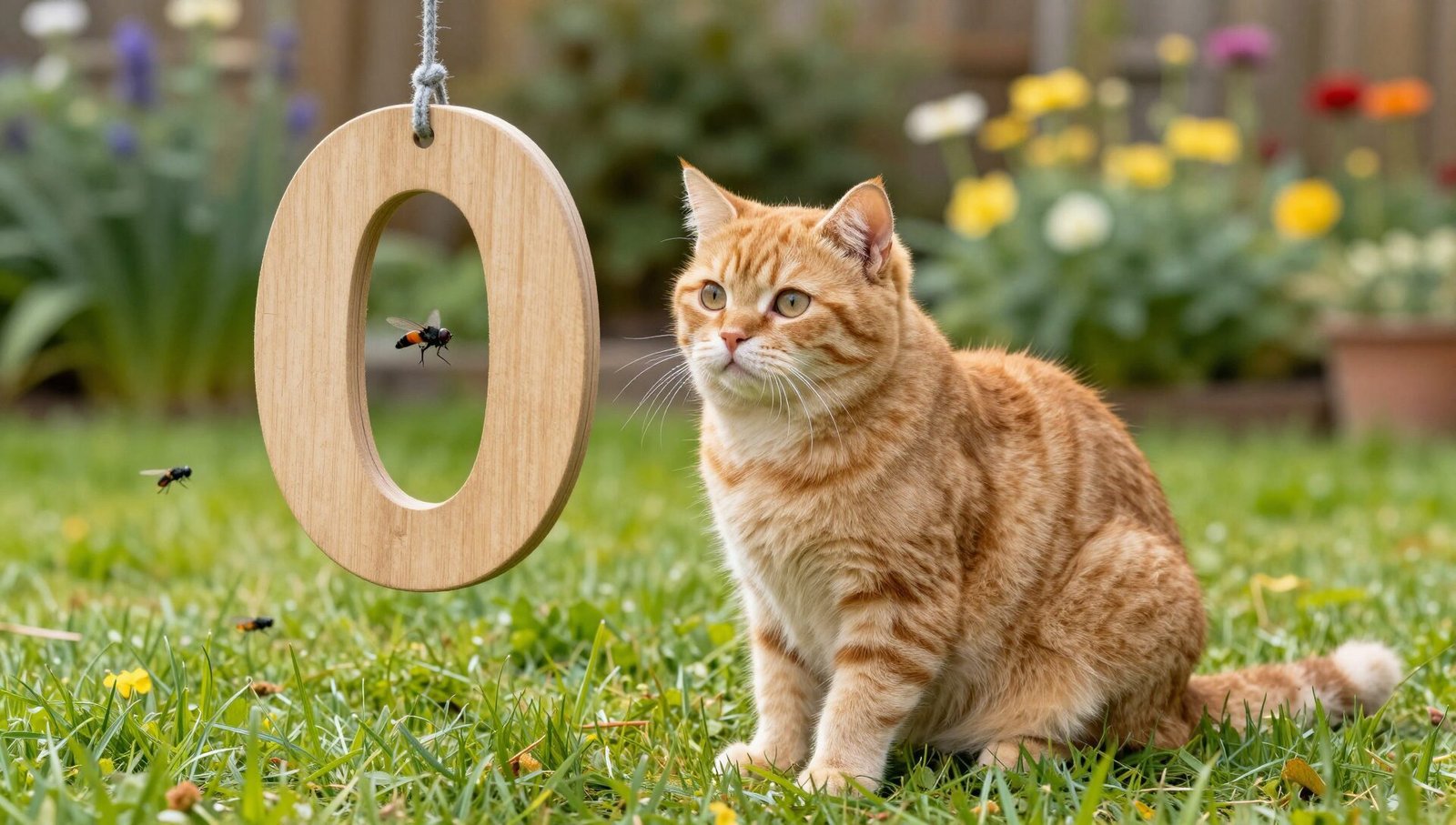 A ginger cat curiously watching a zero in fly catcher in a UK garden